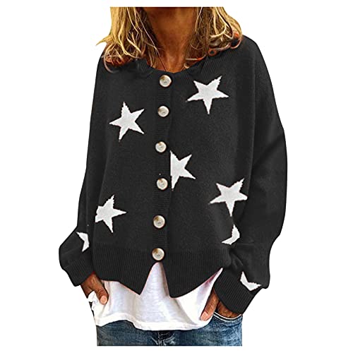 Generic Cardigan da donna caldo con stampa margherita a maniche lunghe con scollo a V, elegante maglione top cardigan da donna taglie forti (03D-nero, S)