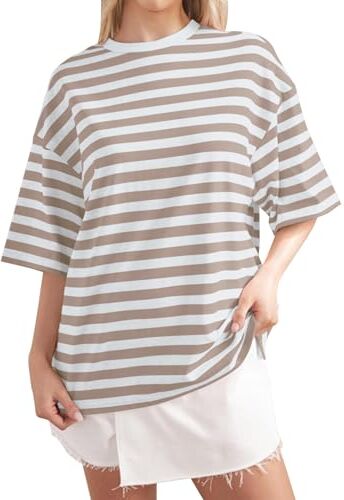 MONDEX Donne A Righe T Shirt, Oversize Girocollo T-Shirt Casual Loose Pullover Top Estate Tee Shirt Manica Corta,Cachi,XL