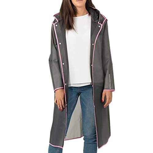 PERLETTI Impermeabile Pioggia Uomo Donna Dettagli Riflettenti Poncho Antipioggia Riutilizzabile Antivento con Cappuccio Custodia Mantella Adulto (Grigio Bordo Rosa, S)