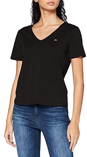 Tommy Jeans Tjw Slim Jersey Scollo a V T-Shirt, Nero, S Donna