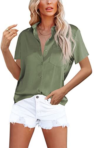 Homlan Camicia da Donna Elegante con Scollo a V, in Raso, a Maniche Corte, Casual, con Tasca sul Petto, Verde Militare, S