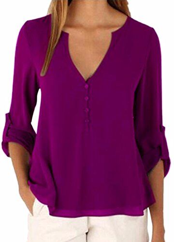 QIYUN.Z Donna Pulsante casual manica lunga con V-Collo chiffon Decor Bordo irregolare Camicie Tops Piccolo Viola