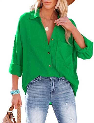 NONSAR Camicetta da donna casual camicia con scollo a V 100% cotone vestibilità ampia solida spessa top elegante con tasca, verde, M