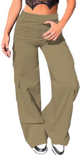 Nuofengkudu Cargo Pantaloni Larghi Donna Elasticizzati Elastico Vita Alta con Tasche Bootcut Palazzo Lunga Lavoro Pantalone Zampa Leggins Comodi Sportiva Casual Classici Pants Khaki S