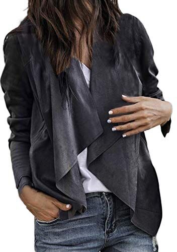 KaloryWee Women Coats and Jackets KaloryWee, giacca in pelle a cascata, da donna, in finto camoscio, con cappuccio, con colletto a cascata, drappeggio, maniche lunghe, cardigan da lavoro o da ufficio Dark Grey UK 10