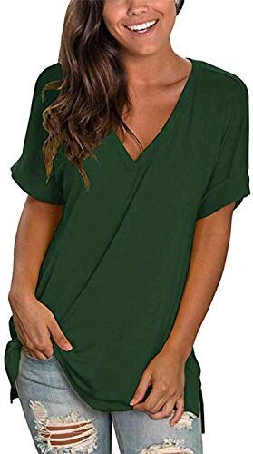 CMTOP T-Shirt Donna Estiva Cotone V Scollo Tinta Unita Maglietta Manica Corta Top Casual Case Camicie Orlo Arrotondato Lungo per Feste