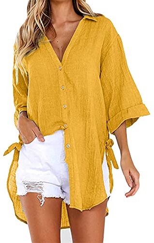 Generic Abito da donna con bottoni, in cotone, casual, lungo, a tunica, da donna, a maniche lunghe, per l'inverno (giallo, XL)