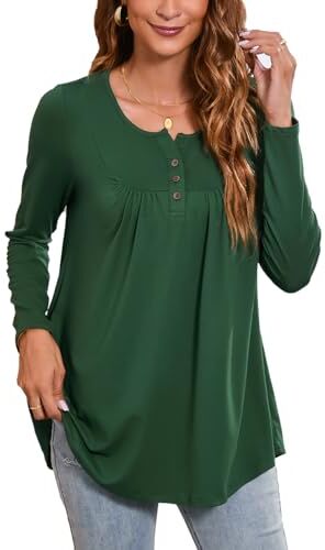 Enmain Tunica a Maniche Lunghe da Donna con Piccolo Scollo a V per Leggings Larghi Camicetta a Tunica da Donna T-Shirt con Stampa Floreale Abbottonata Taglie Forti,L1-Verde Scuro,XL