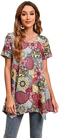 Enmain Maniche Lunghe da Donna Camicetta Top a Tunica Floreale Camicia Donna Manica Corta con Scollo Tondo Maglietta Lunga Casual XXL