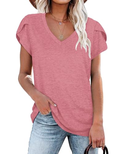 NARRAME T-Shirt da Donna Casual Manica a Petalo Top Estivi Tuniche a Maniche Corte Rosa XL