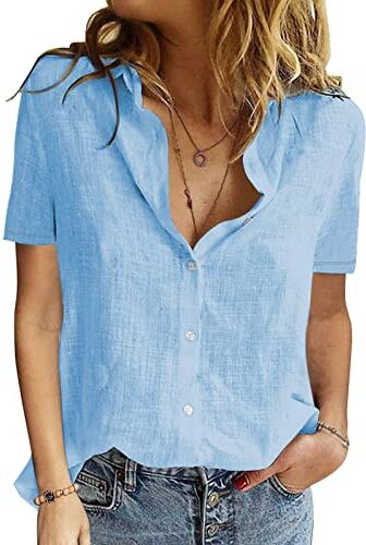 PASUDA Camicia Donna Estiva Camicetta da Donna Manica Corta Cotone Elegante Blusa Maglietta Scollo a V Top con Bottoni Moda Casual T Shirt Tinta Unita Classico Maglia Tees (Blu, XL)