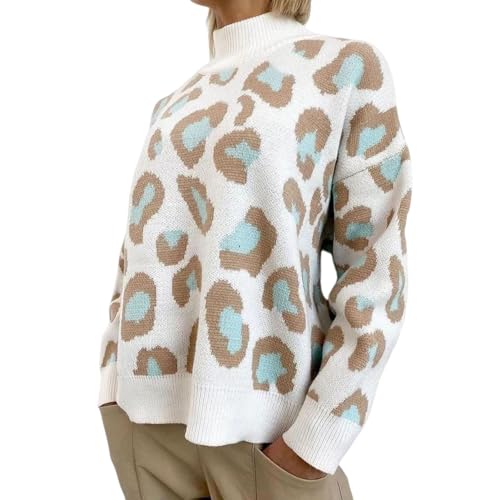 Chaies Maglione a collo alto Maglione dolcevita bianco 2023 Autunno Inverno Pullover Outwear Top ampio Maglione con stampa leopardata per ragazza