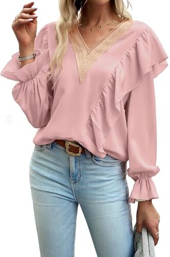 Heersan Camicia da Donna Elegante con Scollo a V Top a Maniche Lunghe da Lavoro/Casual, T-Shirt in Stile Bohemian, Chic Blusa Moda Magliette Tinta Unita Pullover (S-XXL)