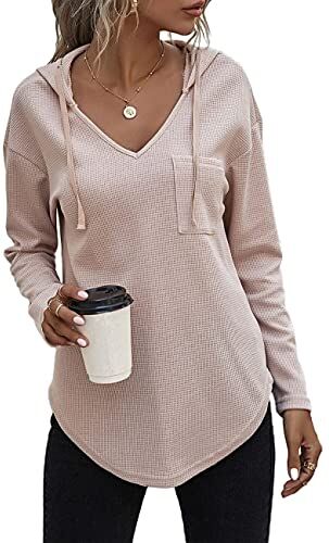 Cuptacc Maglione Donna Maglia Manica Lunga Camicia Scollo A V Sera Felpa Cappuccio Fitness Albicocca,M 38-40