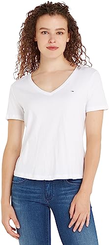 Tommy Jeans T-shirt Maniche Corte Donna TJW Slim Soft Scollo a V, Bianco (White), XL