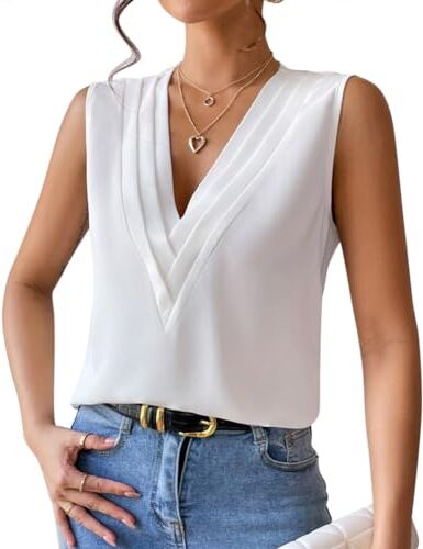 ORANDESIGNE Canotta Elegante Donna Cerimonia Curvy Maglietta Senza Maniche Estiva Canottiera Scollo A V Top Ufficio Camicie Bluse Moda Causal Camicia Sera Sottogiacca Camicetta b Bianco S