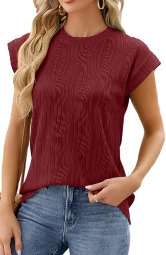 MEDUOLA T-Shirt da Donna Semplice Taglio Netto Classico Elegante Top a Manica Corta con Scollo Rotondo Tessuto Modello d'onda Design a Righe più Colori XL,Rosso