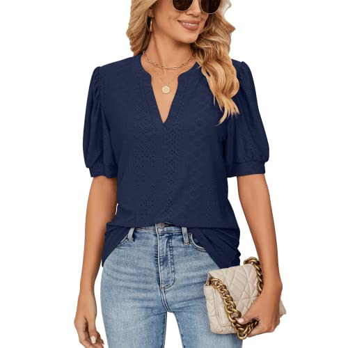 EDOTON Donna Maglietta Corte Scollo a V Camicetta Casual Estate Solida Hollow Bubble Sleeves Maglia Loose Tops Donna T-Shirts (L,A Blu Navy)