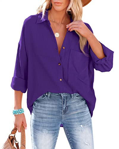 NONSAR Camicetta da donna casual camicia con scollo a V 100% cotone vestibilità ampia solida spessa top elegante con tasca, viola., M