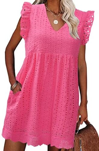 heekpek Abito Estivo Donna Scollo a V Vestito Corto Donna Senza Maniche Cotton Comodo Abito a Canotta Ruffles Floreale Vuoto Jacquard Casual Abito Mare Spiaggia, Rosa, L