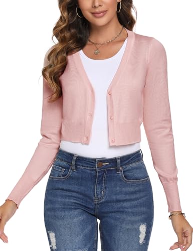 Irevial Bolero Donna Scollo a V Cardigan Lavorato a Maglia Corto Coprispalle a Bottoni Moda Primavera Autunno Rosa Chiaro M