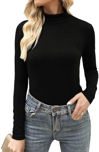 Aottori Maglia Donna Cotone Maglietta Collo Alto Lupetto Manica Lunga Dolcevita Aderente Sottogiacca Invernale Basic Top Elegante Nero XXL