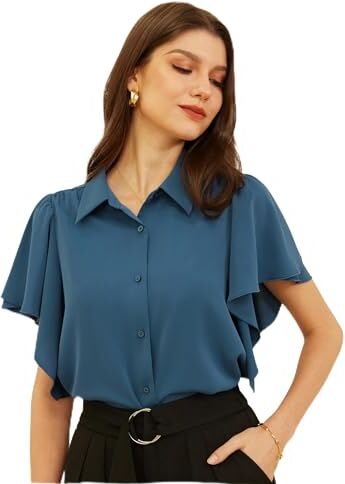 GRACE KARIN Camicetta Elegante Chiffon Donna Top A Maniche Volant Top A Maniche Corte Scollo a V Camicia Casual S Blu