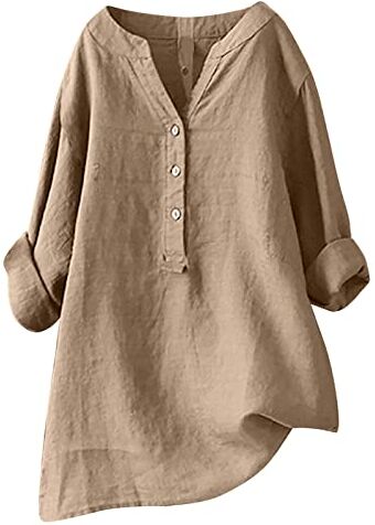 HAOLEI Camicetta Cotone e Lino Maniche Lunga Oversize da Donna Manica Lunga Blusa Causal Chic Estiva Taglie Forti Camicia Scollo a V Offerte di Primavera per la Primavera e L'Estate Leggera e Traspirante