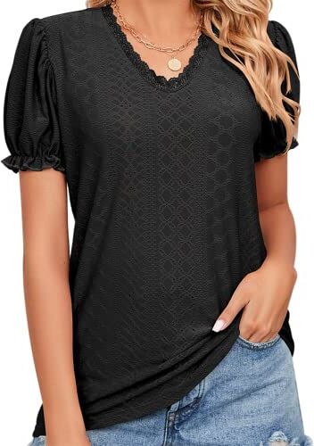 EDOTON Donna Maglietta Corte Scollo a V Camicetta Casual Estate Solida Hollow Bubble Sleeves Maglia Loose Tops Donna T-Shirts (S,C Nero)