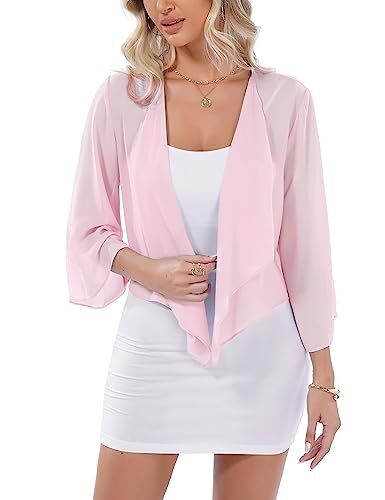 Aottori Coprispalle Donna Chiffon Elegante Bolero Maniche 3/4 Cardigan Estivo Corto Giacca Trasparente Leggero per Cerimonia Festiva Rosa Chiaro XL