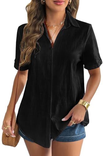 WINKEEY Camicia Donna Elegante Bluse e Camicie Cotone Camicetta Manica Corta Lino Maglia Scollo a V Blusa Maglietta Casual Business Top con Bottoni,Nero XL