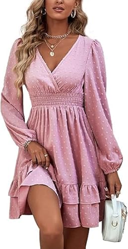 MAFA Vestiti Casual da Donna Estivi Autunno Elegante a Pois Abito a Maniche Lunghe Vestito Scollo V Abiti Corto con Volant e Vita Alta Rosa XL