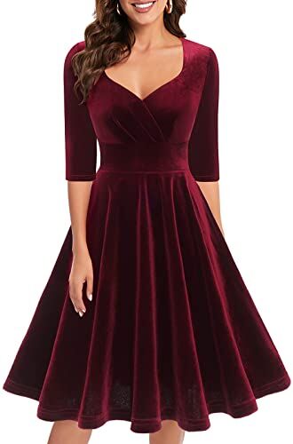 Bbonlinedress Abiti di Natale Donne 3/4 Manica Scollo a V Abiti al Ginocchio Festive Velluto Abiti Elegante Abito Inverno Abito da Cocktail Burgundy XL