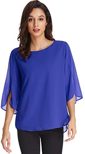 GRACE KARIN Camicie da Donna Top Manica a Corta Camicia di Chiffon Maniche 3/4 Larghe Camicetta Donna Chiffon Elegante Blu 2XL CLAF15-1