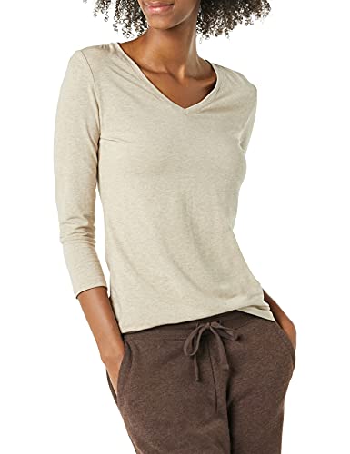 Amazon Essentials T-Shirt con Scollo A v con Maniche A Tre Quarti con vestibilità Classica (Taglie Forti Disponibili) Donna, Tan Puntinato, M