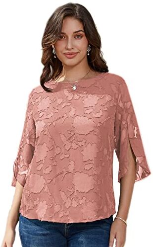 GRACE KARIN Donna Camicetta Larga in Chiffon Elegante Maniche Corte Top T-Shirt Scollo Tondo per Estivo Primavera Rosa Fiori Pizzo XL