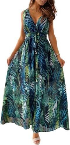 Yutdeng Vestito Donna Estivo Casual Senza Maniche Stampa Floreale Copricostume Scollo a V Boho Abiti Coulisse Stringata Elegante Abito Lungo da Spiaggia Maxi Dress,Verde,M