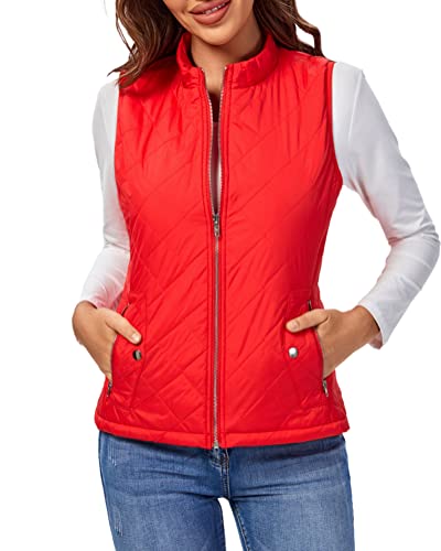 fuinloth Gilet Donna Smanicato Invernale Panciotto Dritto Collarei Giacche Ultraleggeri Senza Maniche Giacca con Tasca con Cerniera Rosso L