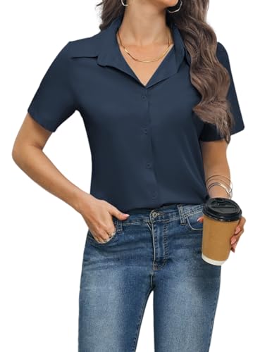 Weardear Camicia da Donna Camicetta Camicette da Lavoro Camicia con Scollo a V Camicetta a Maniche Corte Top Eleganti Camicie Casual con Bottoni Camicia Estiva Blu Navy XXL