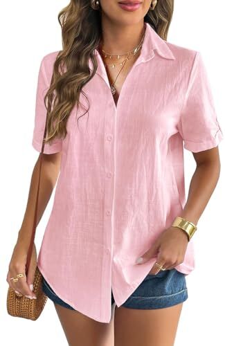 WINKEEY Camicia Donna Elegante Bluse e Camicie Cotone Camicetta Manica Corta Lino Maglia Scollo a V Blusa Maglietta Casual Business Top con Bottoni,Rosa XXL