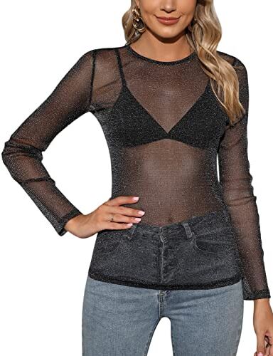 Tuopuda Maglietta Donna Trasparente Camicia Mesh Tops Camicette Manica Lunga Maglie in Rete Tunica Bluse Elegante Casual Shirts Sexy Clubwear Casual, C, S