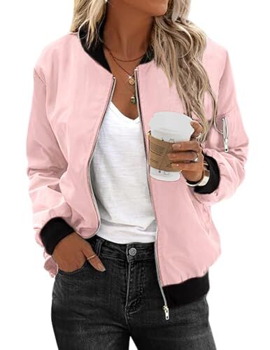 Zeagoo Bomber da donna a maniche lunghe con cerniera stile casual tinta unita con 2 tasche rosa chiaro XXL