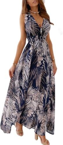 Yutdeng Abito Estivo Donna da Spiaggia Vestito Lungo Vestiti Estivi Casual Curvy Eleganti Scollo a V Senza Maniche Vestito Boho Fiore Stampato Maxi Lunga Sexy da Cerimonia,Blu,S