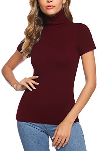 Totatuit Magliette Dolcevita Donna Maniche Corta Lupetto Elegante Maglia Collo Alto Shirt Top Basic Casual Morbida Elasticizzato Vino Rosso XXL