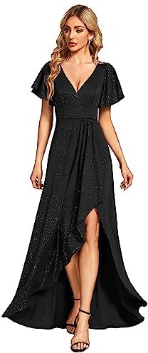 Ever-Pretty Vestito da Sera Donna Elegante Stile Impero Scollo a V Maniche Corte Lungo Abito da Sera EE01738 Nero 48