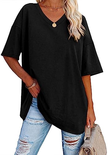 WINKEEY Maglietta da Donna Oversize Estiva a Manica Corta con Scollo a V Allentata t Shirt Basic Tee, Nero L