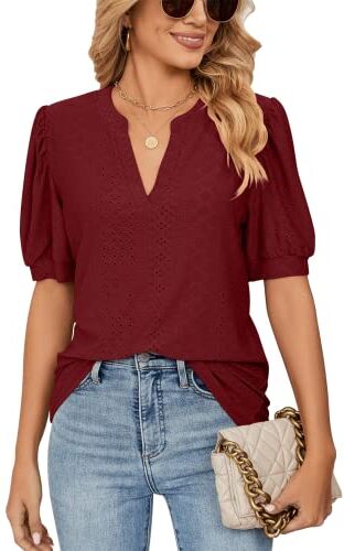 EDOTON Donna Maglietta Corte Scollo a V Camicetta Casual Estate Solida Hollow Bubble Sleeves Maglia Loose Tops Donna T-Shirts Taglie S-XXL (XXL,A Claret)