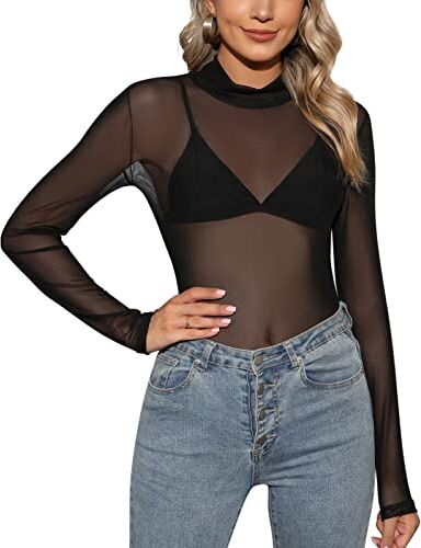 Tuopuda Maglietta Donna Trasparente Camicia Mesh Tops Camicette Manica Lunga Maglie in Rete Tunica Bluse Elegante Casual Shirts Sexy Clubwear Casual, B, M