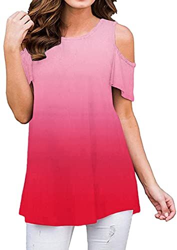 Generic Maglietta a maniche corte con scollo rotondo e spalla che cade da donna con gradiente di colore (rosa, XL)