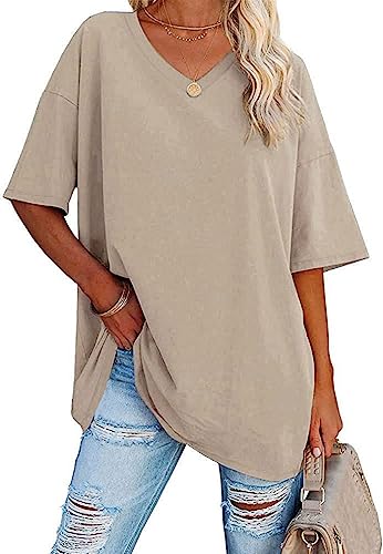 WINKEEY Maglietta da Donna Oversize Estiva a Manica Corta con Scollo a V Allentata t Shirt Basic Tee, Beige XXL